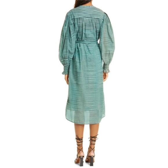 Ulla Johnson Teal Fiora Piplin Cotton Striped Long Sleeve Midi Dress 8 - Picture 9 of 13
